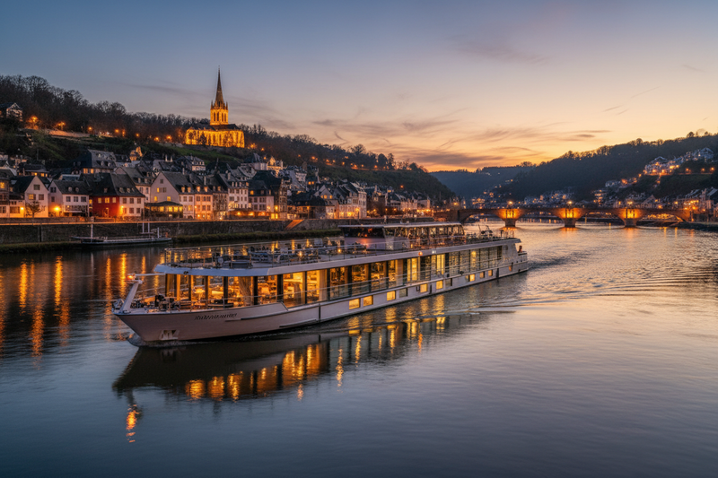Luxury river cruise ship at dusk