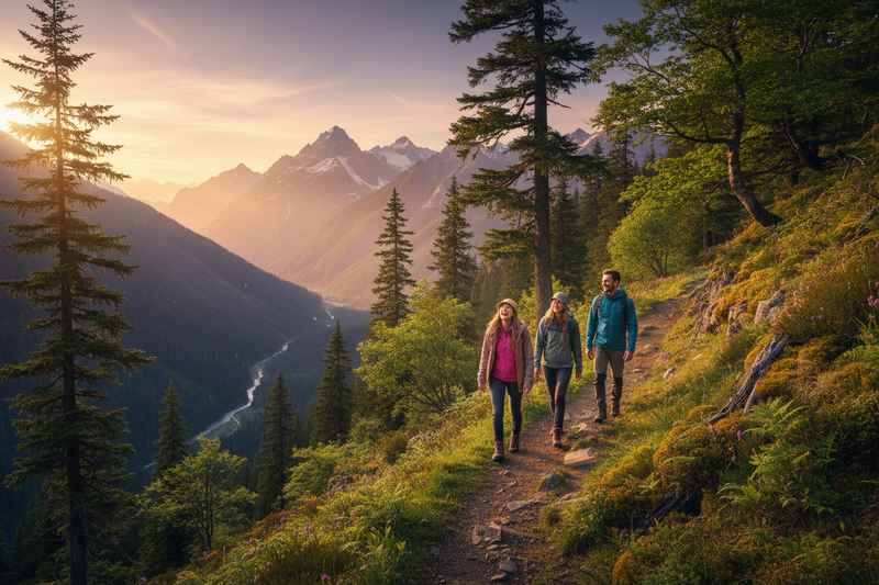 Small group travelers on scenic mountain trail