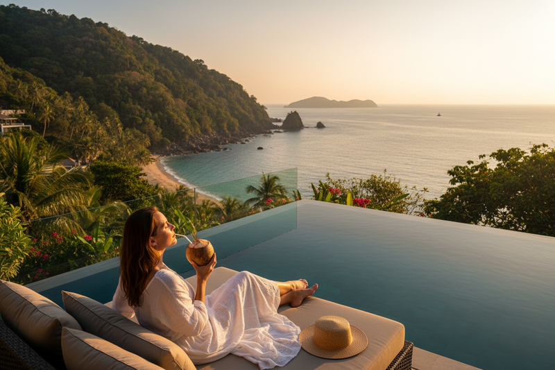 Solo traveler at private villa overlooking coastline
